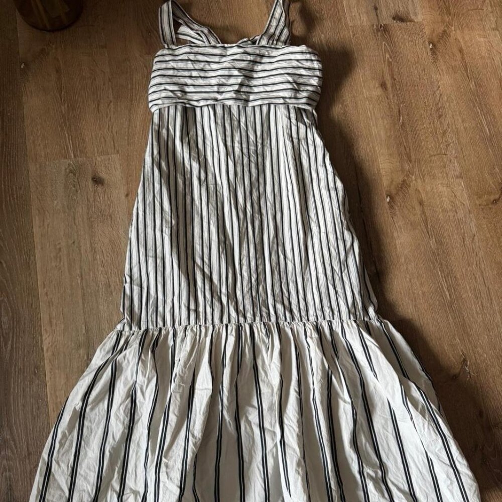 Theory Women's Black Striped Cotton Tie-Back Sleeveless Midi Dress Size S